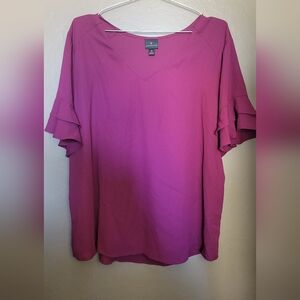 Worthington Short-sleeved Magenta Blouse Flutter Sleeves